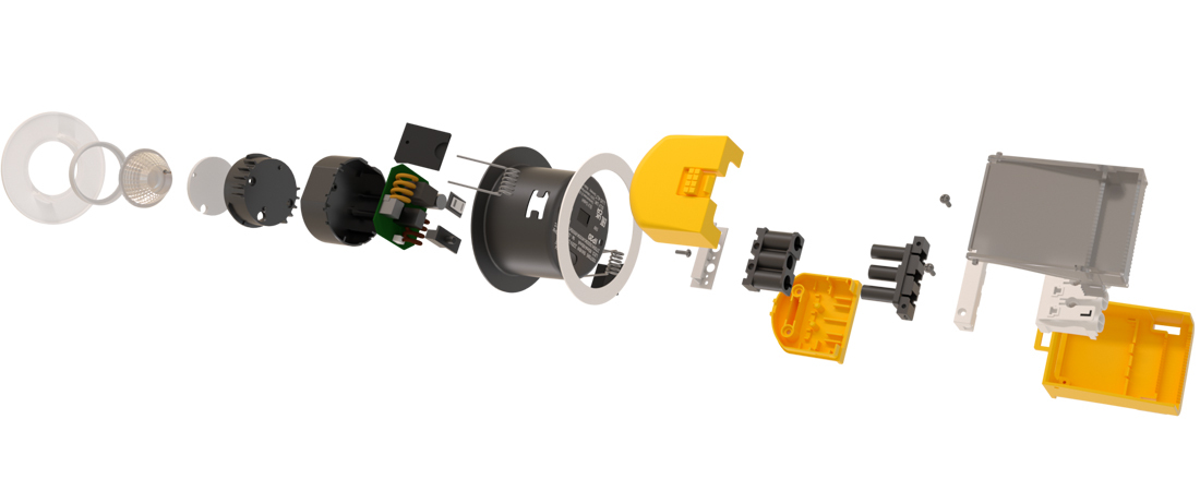 Universal Downlight von SLV in einzelnen Bauteilen dargestellt