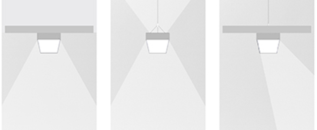 3 Varianten der Lichtverteilung der Leuchte ARKA von RIDI - Lichtkegel dargestellt