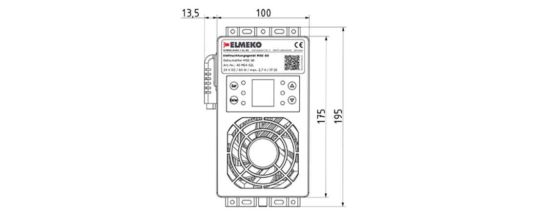 Skizze der Abmessungen der Schaltschrankentfeuchtungsgeräte MSE 40 von Elemko - Front