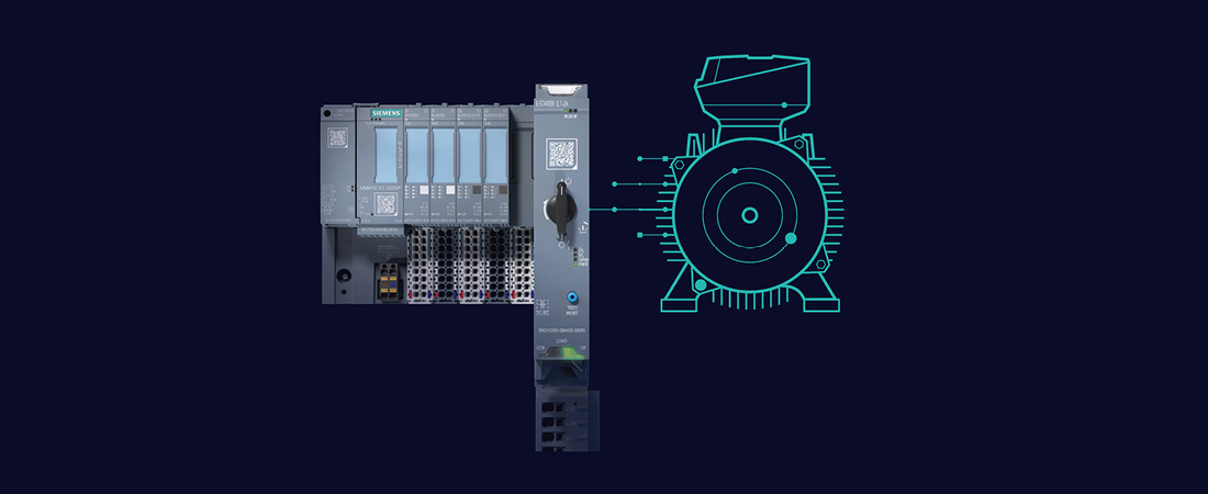 Bild des Simatic ET 200SP e-Starter von Siemens auf dunkel blauem Grund