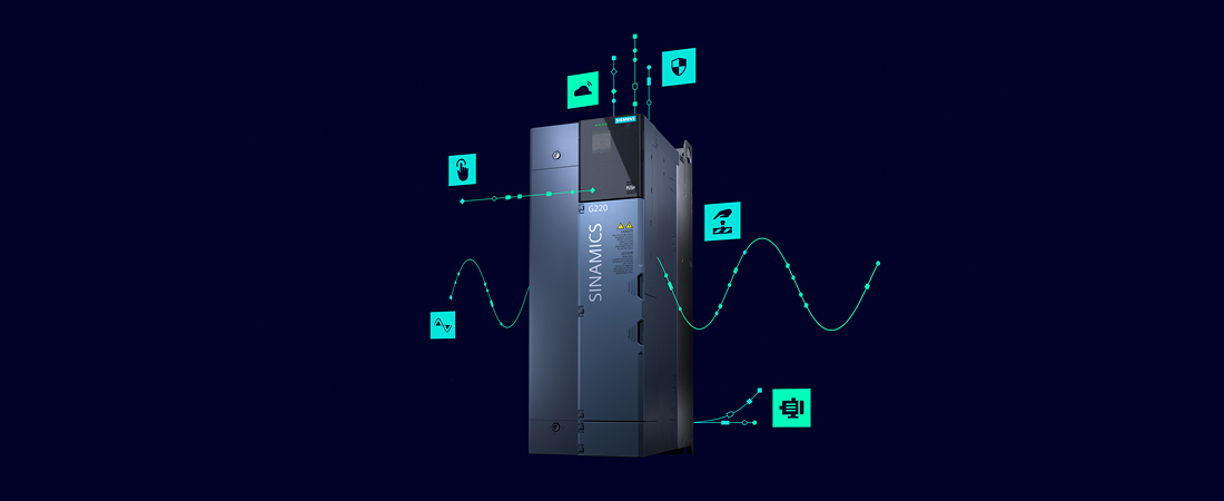 Bild der neuen SINAMICS G220 von Siemens auf dunklem Grund mit den Icons der Funktionen