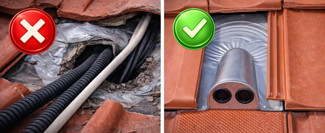 Richtig und falsch Vergleichsbild für die Doppelrohrdurchführung von Plica