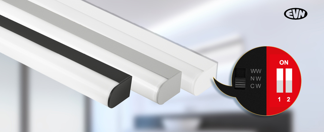 Darstellung der Leistungsstufen, Farbtemperatur und einfach Clipmontage der FLAT MIRROR Leuchte von EVN-Lichttechnik