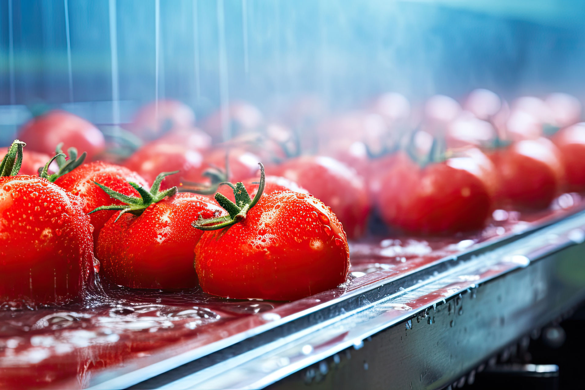 Tomaten auf einem Laufband in einer Produktionshalle, die mit Wasser gesäubert werden