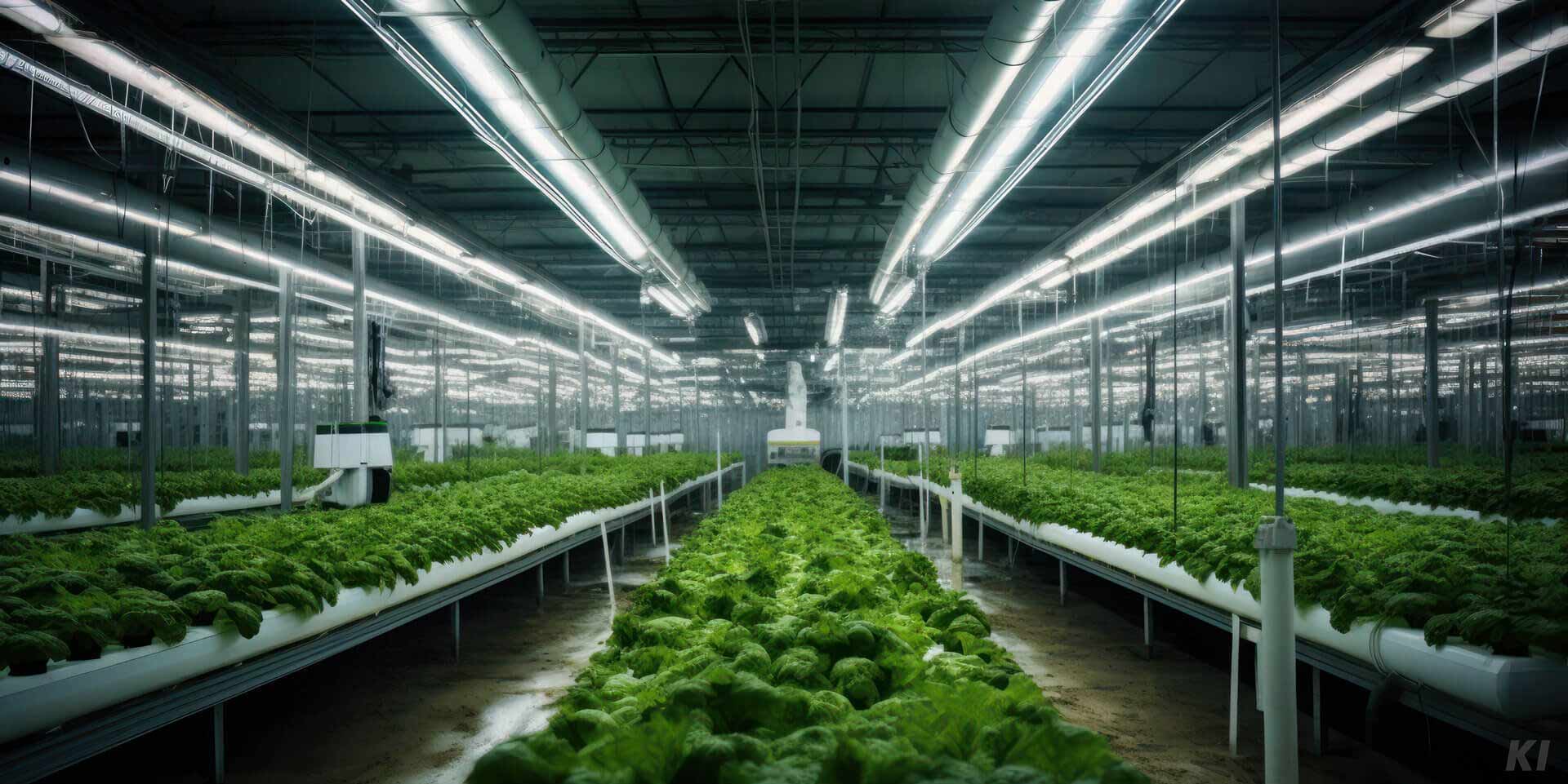 Pflanzen und Gemüse, welches in einem Treibhaus mit Hilfe von LED Leuchten wächst, Bild KI generiert