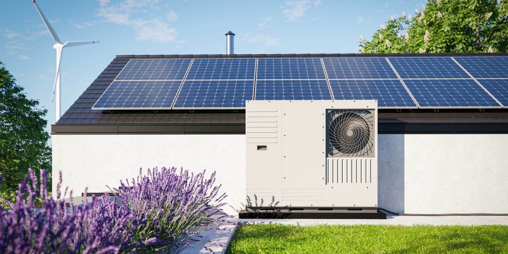 Moderner Bungalow mit Garten, einer Solaranlage auf dem Dach, einer Wärmepumpenanlage vor dem Haus