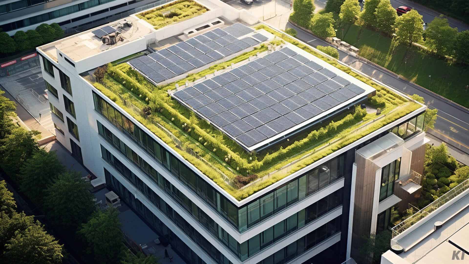 Photovoltaikanlage auf begrüntem Dach eines Industriekomplexes, Bild mit KI generiert