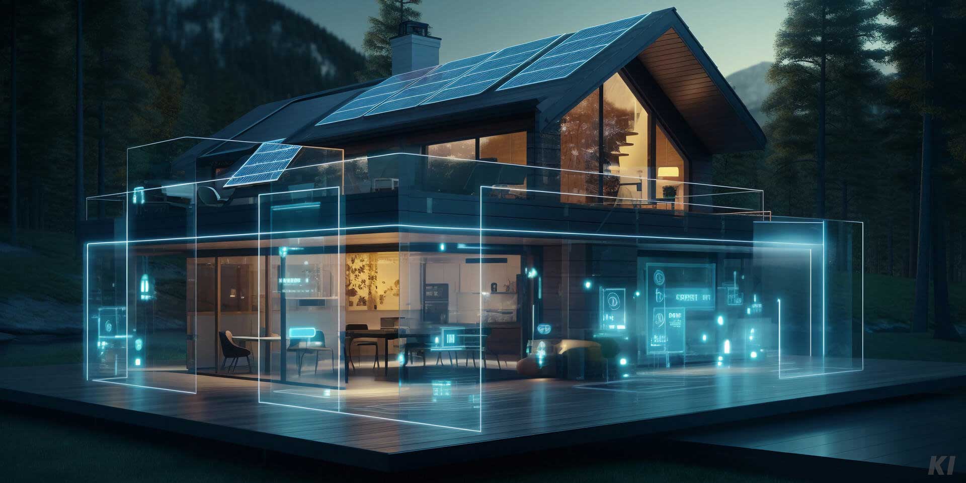 Illustration eines vernetzten modernen Hauses mit einer Photovoltaikanlage, Bild mit KI generiert