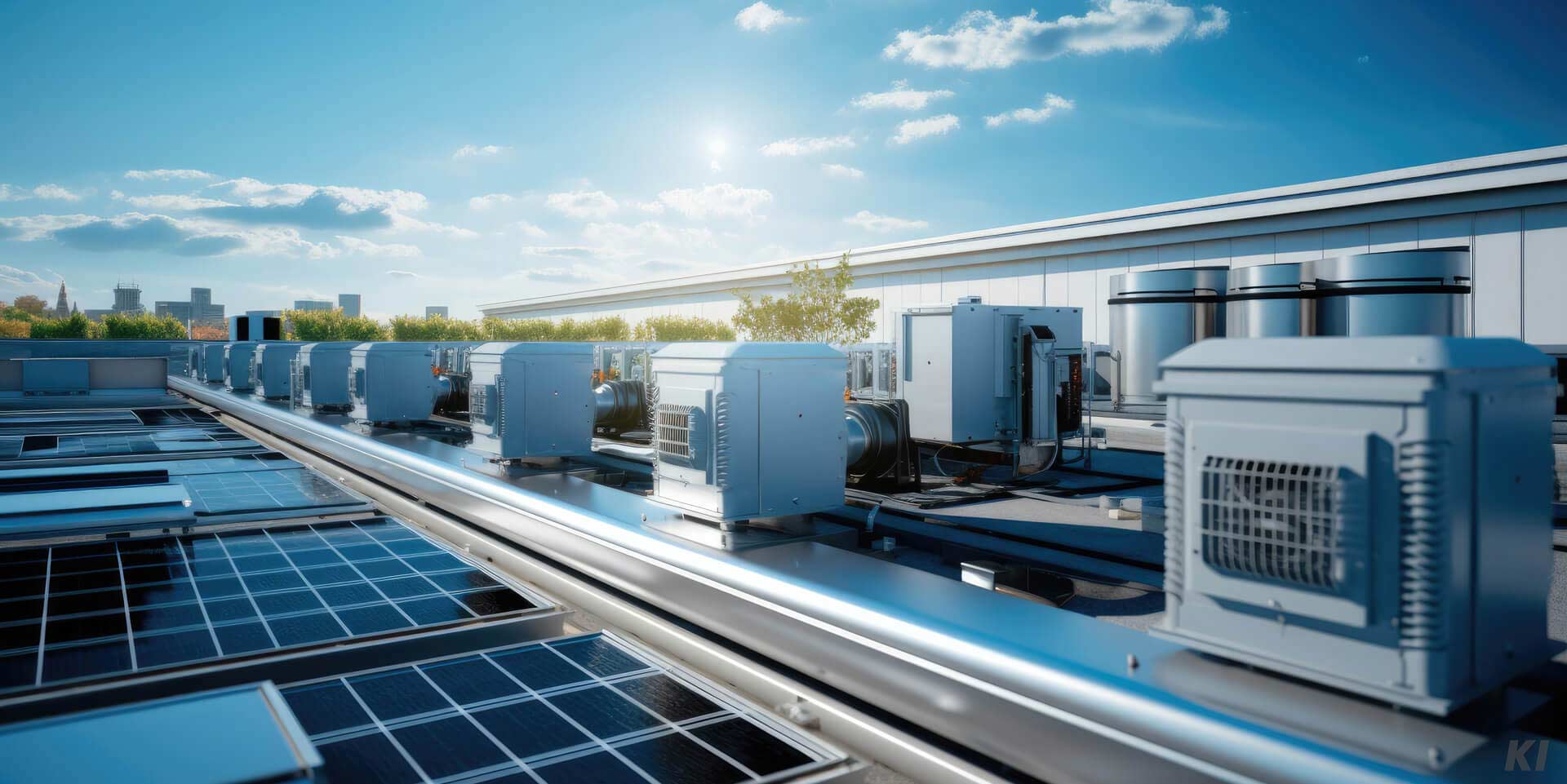 Industrie Photovoltaikanlage auf einem Dach mit Wärmepumpen und Photovoltaikpanels, Bild mit KI generiert