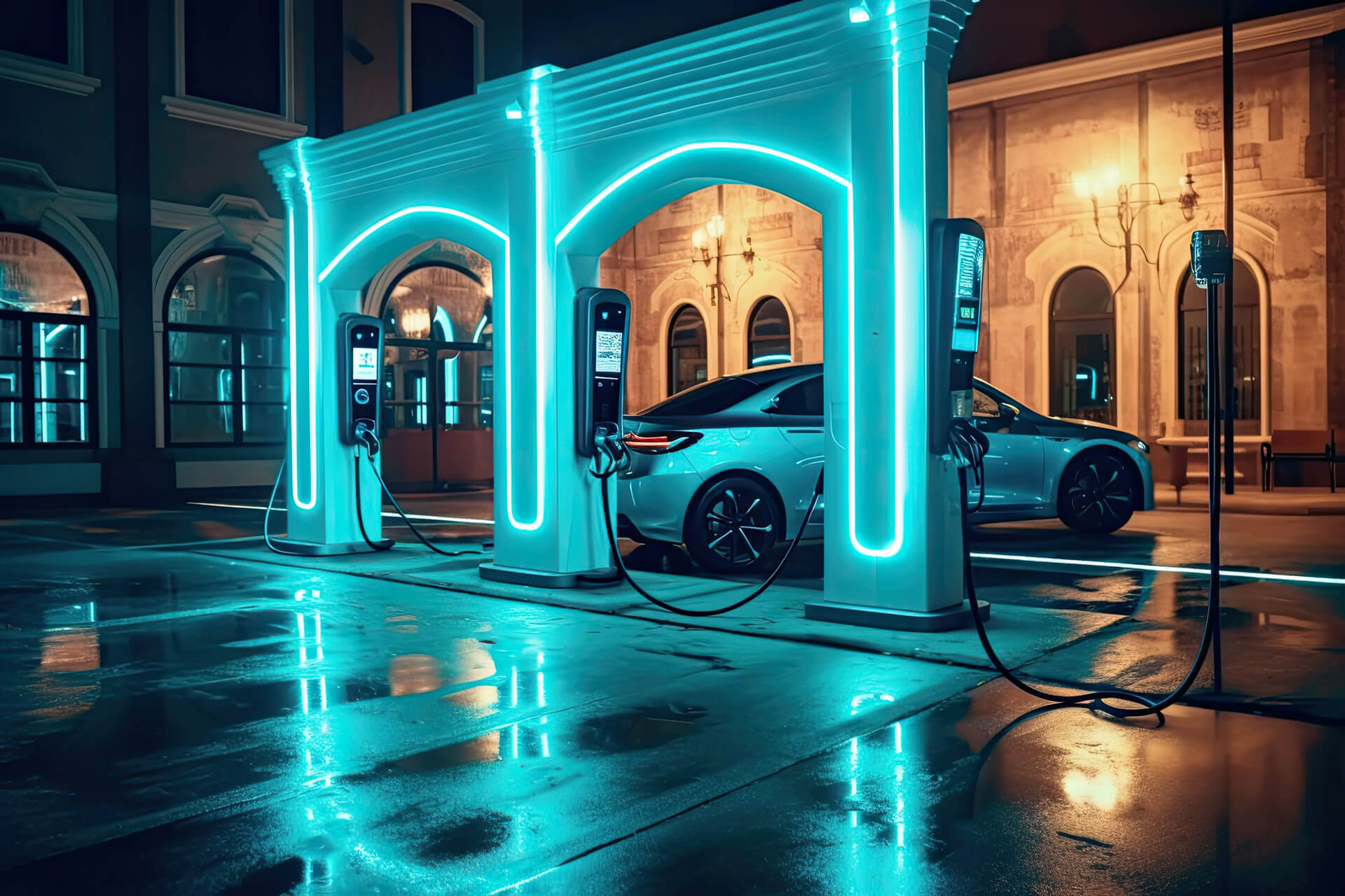 Elektroauto steht vor einer neon blau beleuchteten Ladesäule vor einem Hotel