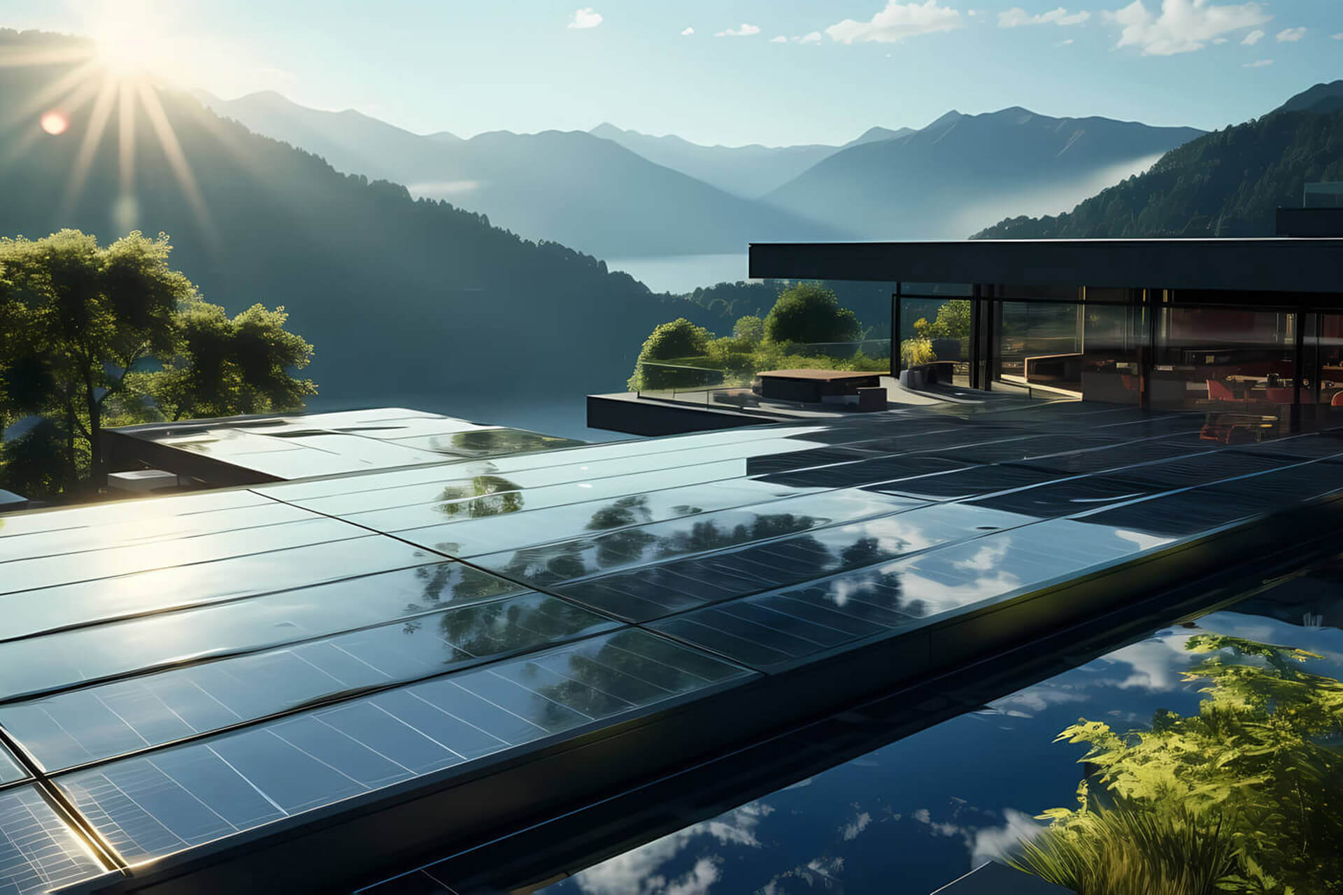 Solar Panele auf einem Hoteldach in einem bergigen Gebiet mit Sonnenschein