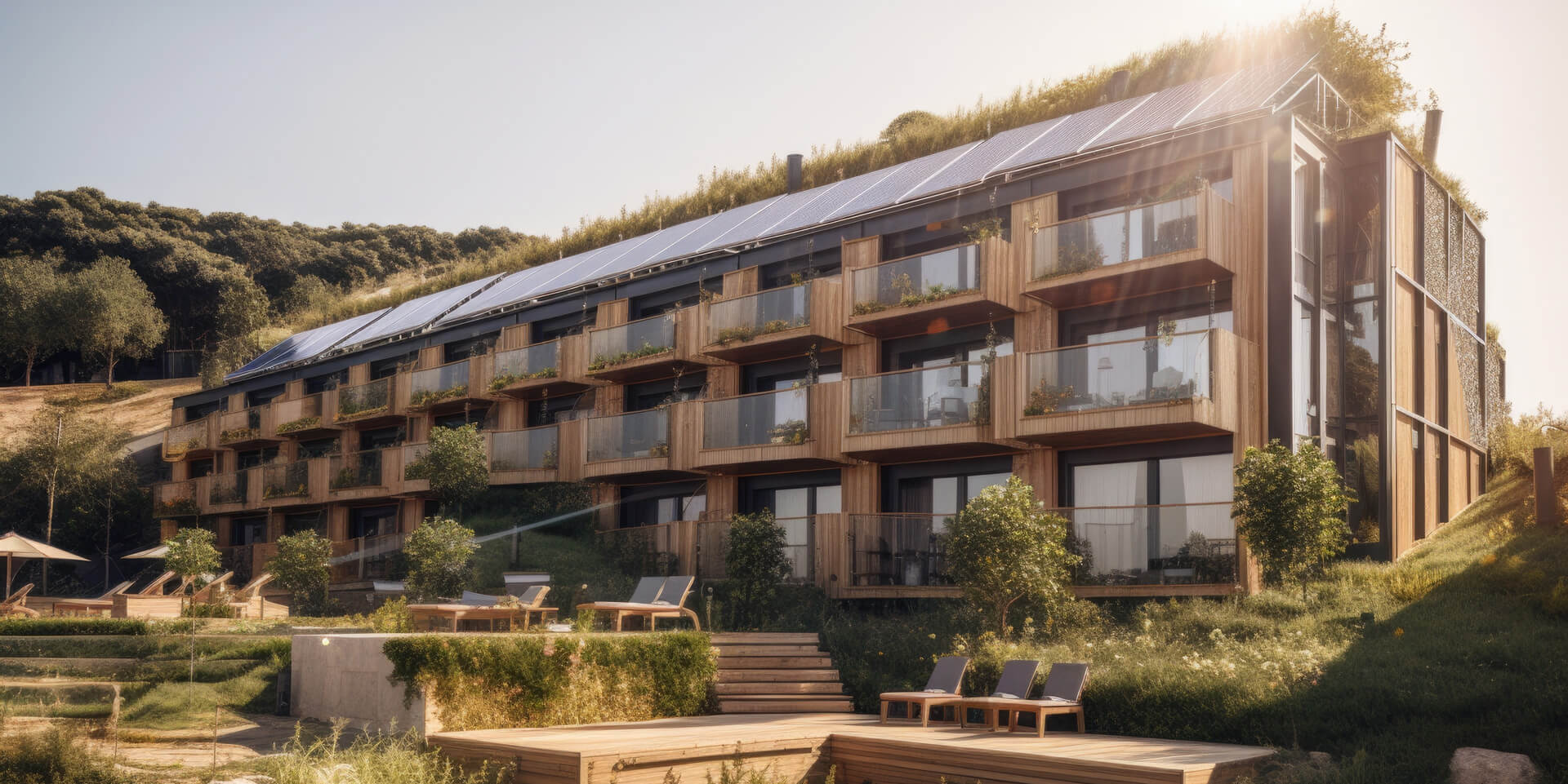 Modernes Hotel, klimaneutral im grünen mit Solaranlage