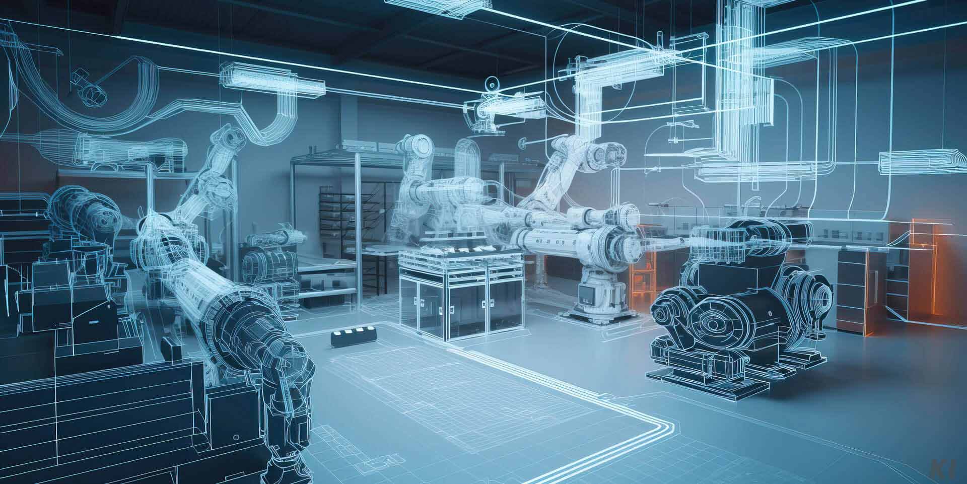 Skizze von Roboterarmen in einem Industrieraum, Bild KI generiert