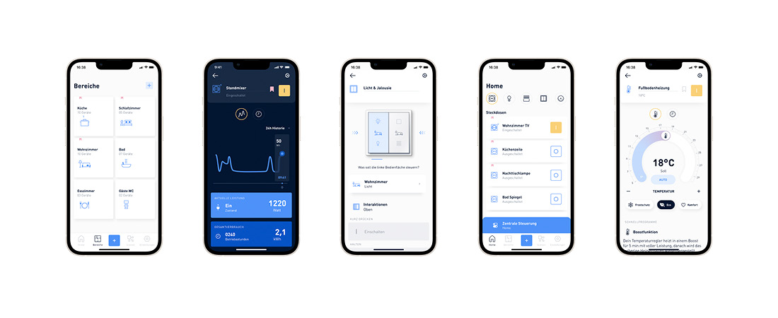 5 Handybildschirme mit verschiedenen Fenstern der JUNG HOME App Anwendung