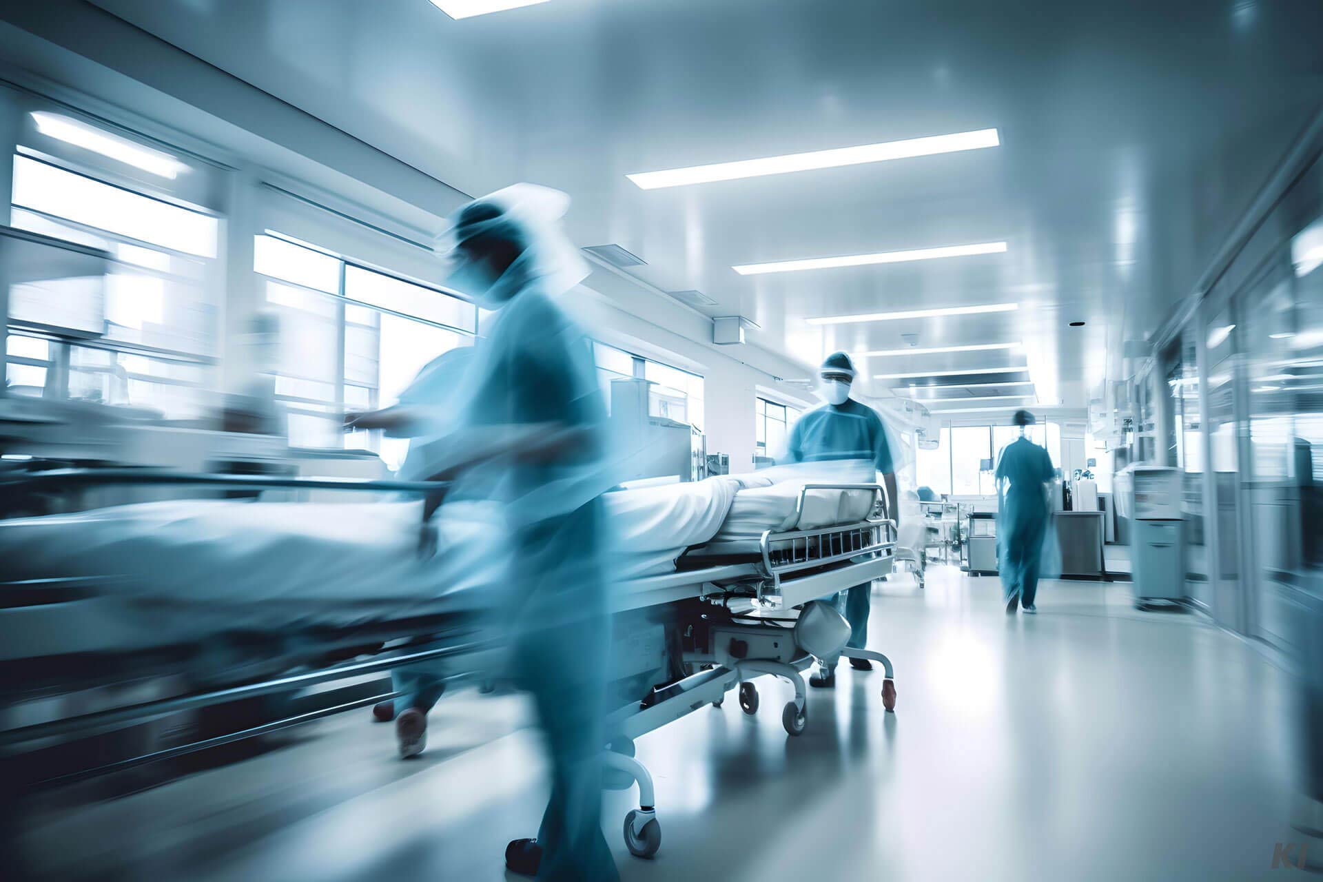 Ärzte und Schwestern bewegen Betten über einen Krankenhaus-Gang. Bild KI generiert