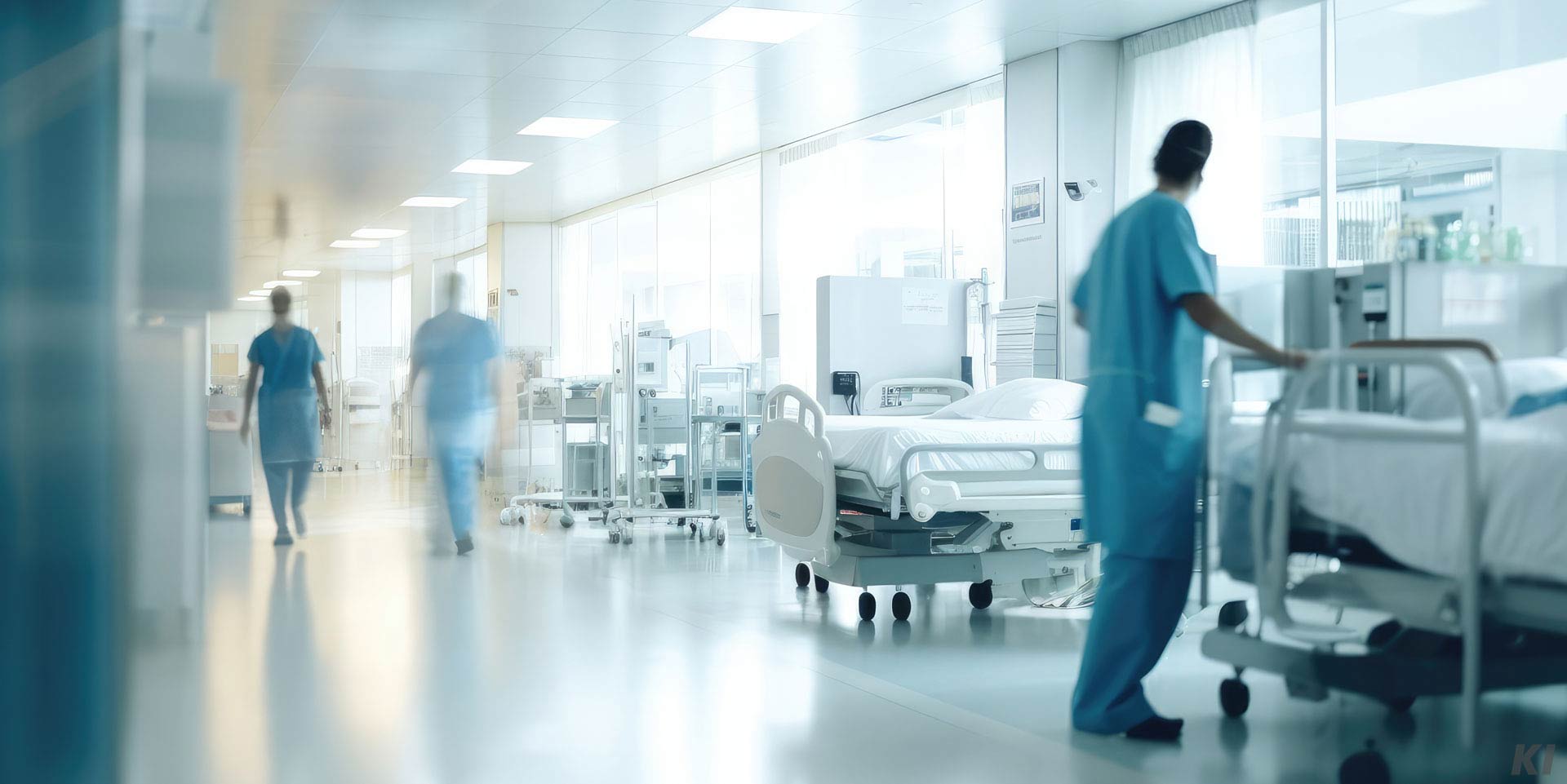 Krankenhaus Flur mit leeren Betten und Personal, Bild KI generiert