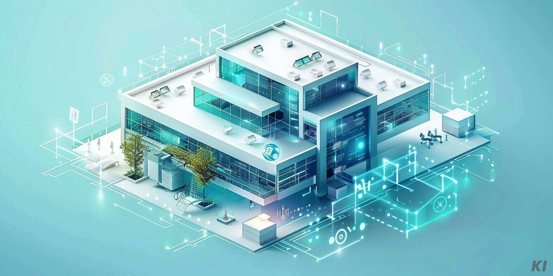 Illustration eines großen Gebäudes mit smarten, energieeffizienten Lösungen, Bild KI generiert