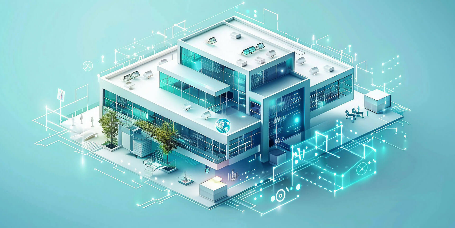 Illustration eines großen Gebäudes mit smarten, energieeffizienten Lösungen