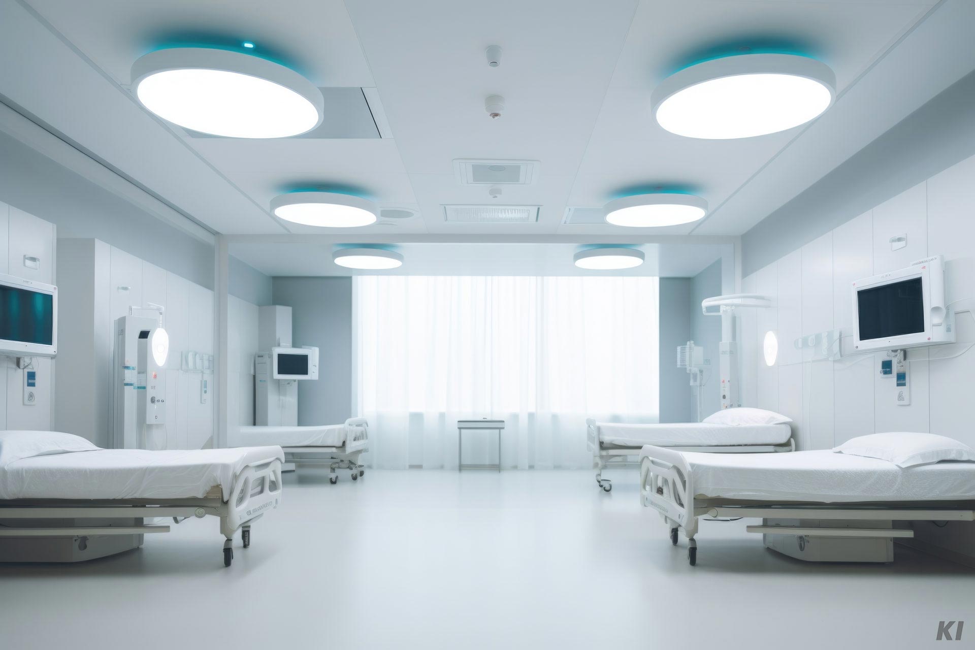 Ein Zimmer mit großen Leuchten und 4 leeren Krankenhausbetten, Bild KI generiert