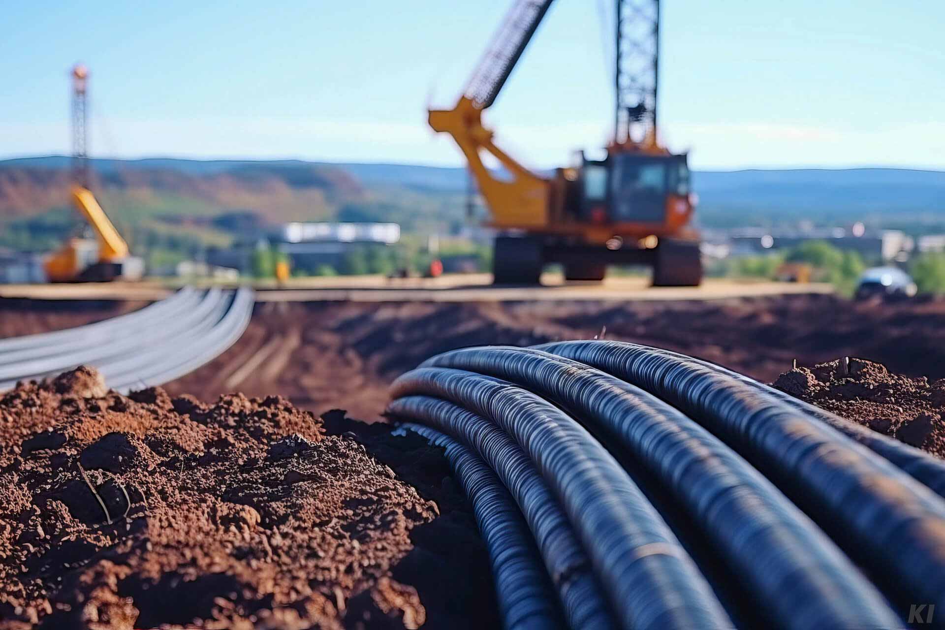 Baustelle im Außenbereich, bei der Erdkabel verlegt werden, Bild KI generiert