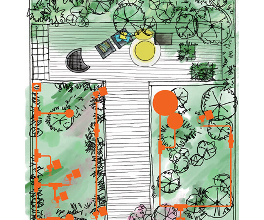 Skizze der Vielfältige Einsatzmöglichkeiten des Plug & Play-Systems im Garten von Gebr. Albert Leuchten