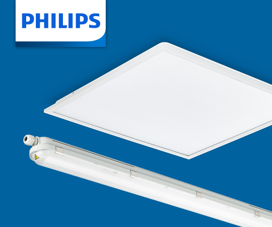 Ledinaire Panel und Feuchtraumleuchten von Signify auf blauem Hintergrund