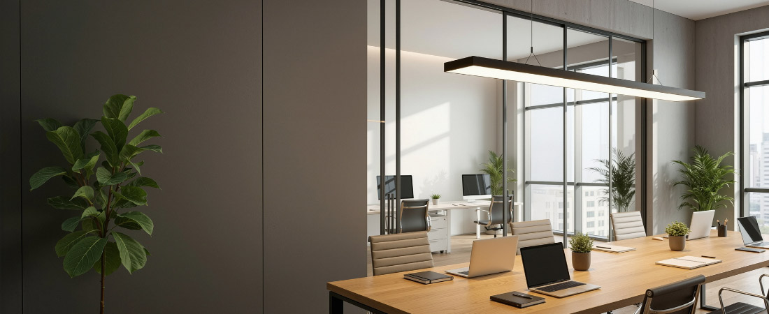 Bild eines Konferenztisches mit der Silica Prismatic Rectangular Leuchte von Siteco