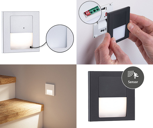 Bild der Installation und Detailaufnahme der LED Wandeinbauleuchte Tsaro von Paulmann