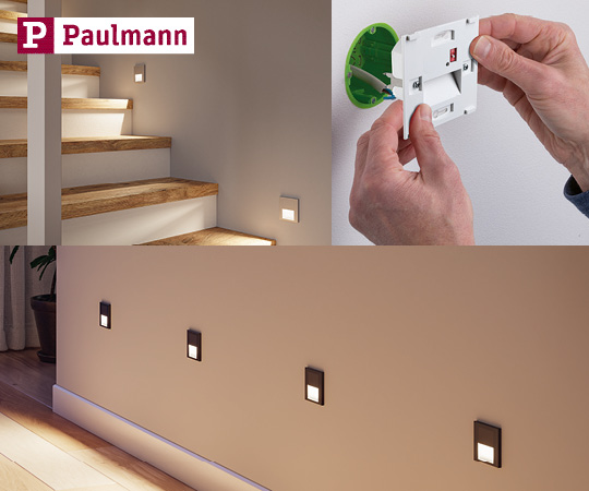 Paulmann LED Wandeinbauleuchte Tsaro, Bild der Installation und Anwensdungsbild in der Farbe schwarz und weiß