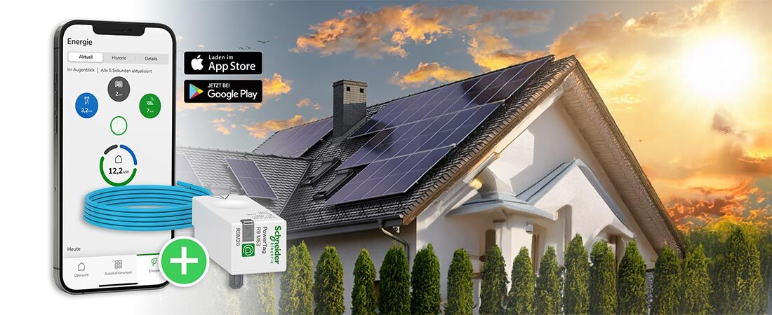 Bild der App zur Steuerung und der Power Tag Energiesensoren von Schneider Electric